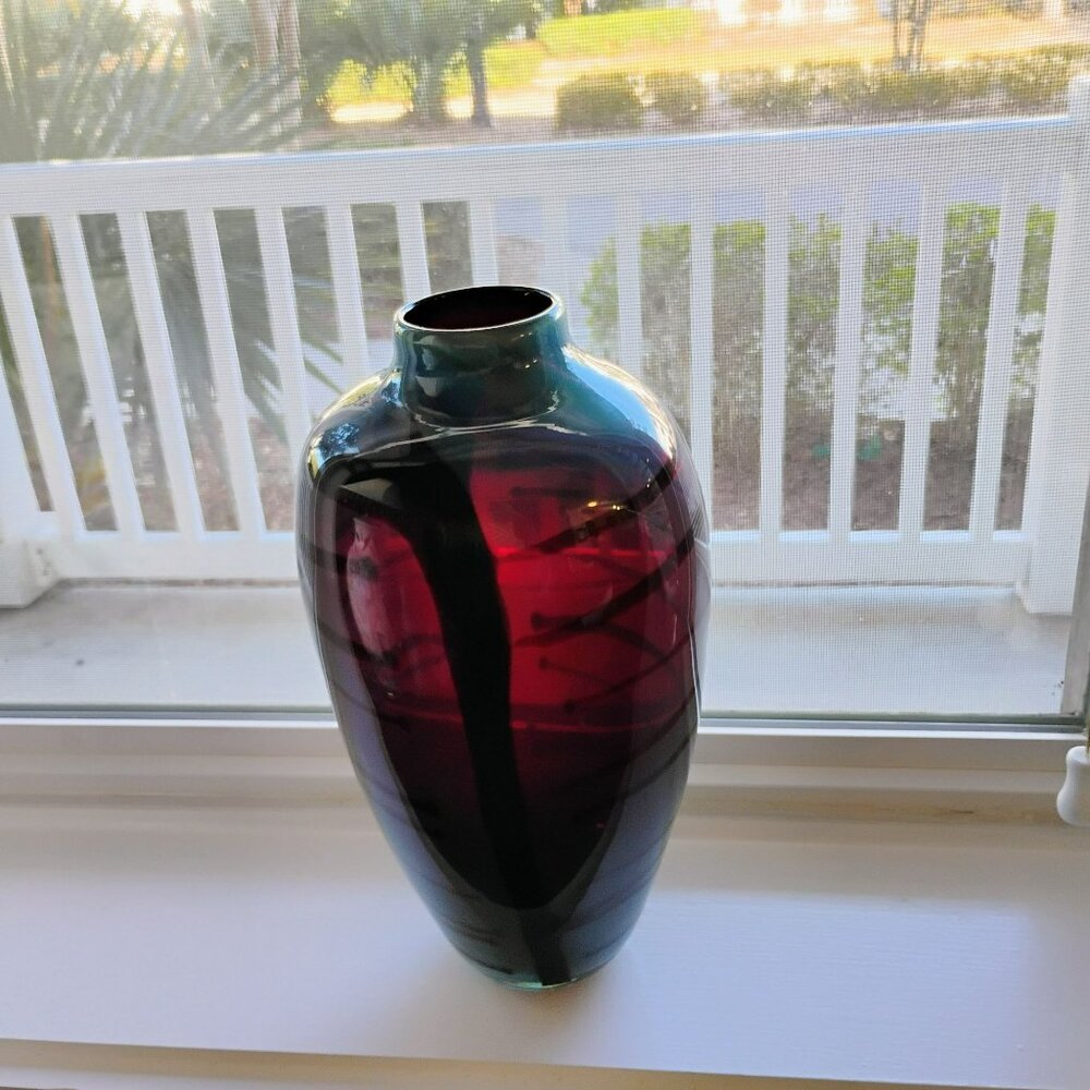 Handblown Iridescent Art Glass Vase With Abstract Design Blue & Purple Tones 12" - Picture 11 of 16